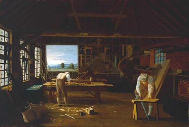 A painting of two men embodying the Craftsman Ethos in a workshop setting.