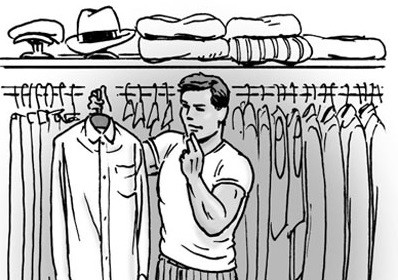 An illustration of a man browsing through clothes on a rack in his wardrobe.