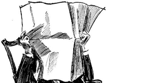 A man, deeply engrossed in reading a newspaper, indulges in media and information consumption, exhibiting shades of Thoreau's 