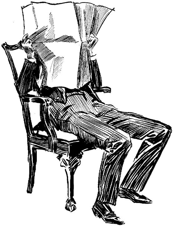 A man, deeply engrossed in reading a newspaper, indulges in media and information consumption, exhibiting shades of Thoreau's "Manvotional" philosophy.