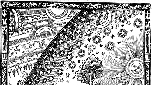 A sacred black and white illustration of a man and a woman in the sky.