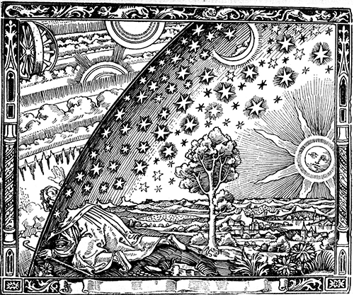 A sacred black and white illustration of a man and a woman in the sky.