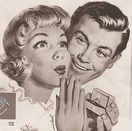 The ultimate illustration of a man and woman buying the perfect ring.