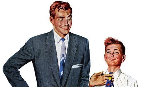 An illustration of a man and a boy demonstrating how to tie a tie.