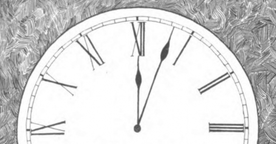 A black and white drawing of a clock with Roman numerals, showing 24 hours.
