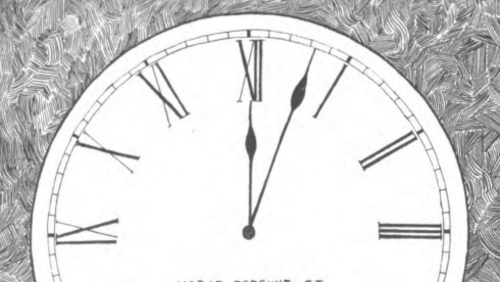 A black and white drawing of a clock with Roman numerals, showing 24 hours.