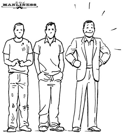 A drawing showcasing the influential personal presentation and persuasion of three men standing next to each other.