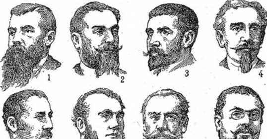 A black and white drawing of men with facial hair.