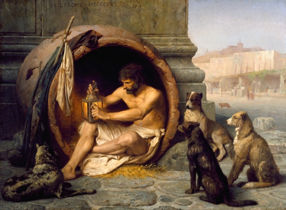 A powerful painting of a man sitting in front of a barrel with dogs, capturing the truth.