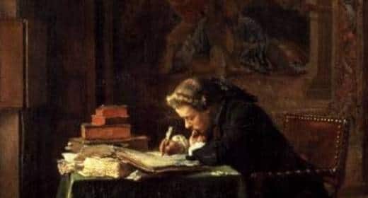 A copy of a painting depicting a writer hard at work at a desk.
