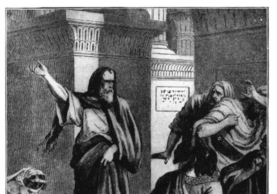 A monochrome illustration of a man addressing a group of people.
