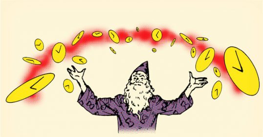 A Time Wizard with a wand, flicking coins in the air.
