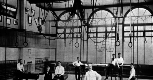 A group of men in a gymnastics room, showcasing their physical fitness.