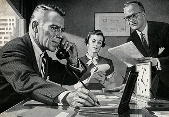 An illustration of a group of people at a desk, portraying a busy atmosphere.
