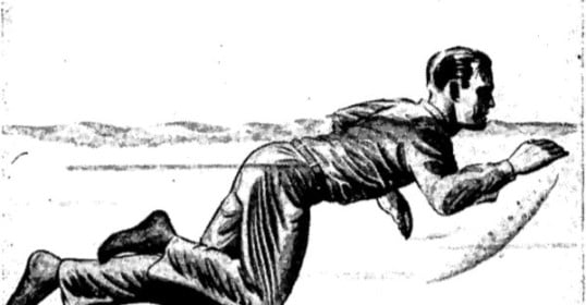 A drawing of a man in a suit flying through the air during WWII.