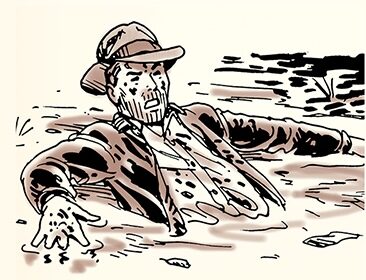 Illustration of a man in a hat crawling through quicksand, with a pained expression on his face.