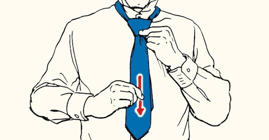 Illustration of a person mastering the Skill of the Week by adjusting a blue necktie in a Full Windsor Necktie Knot, with a downward-pointing red arrow indicating the direction to pull.