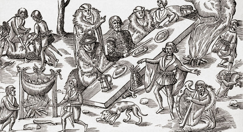 A black and white drawing of a diverse group of people.