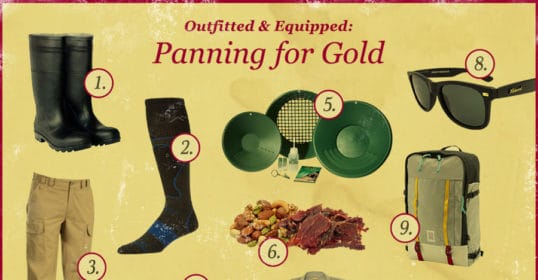 A poster with hats, boots, and other items for panning for gold.