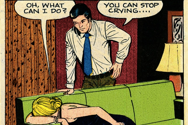 A comic strip featuring a woman crying on a couch, seeking comfort.