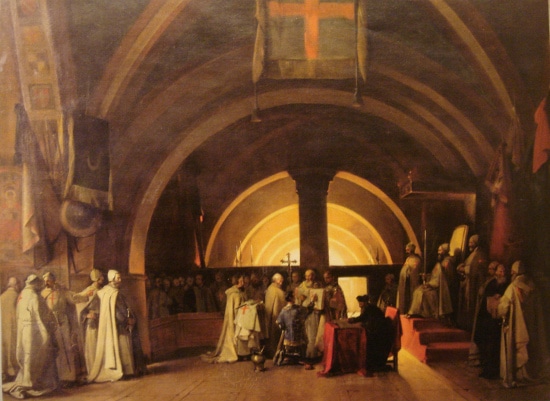 A painting depicting a group of people in robes, perhaps symbolizing Christianity.