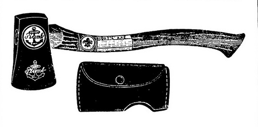A black and white picture of an axe with a leather sheath on a pocket.