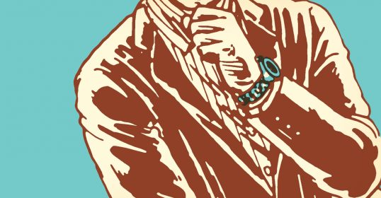 An illustration of a man in a suit, showcasing the latest wristwatch model.