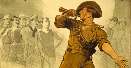 A poster with a man in a cowboy hat taking action.