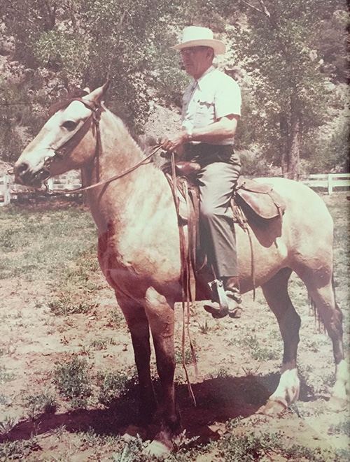 An elderly man on a horse.