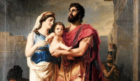 A painting of a man holding a baby.