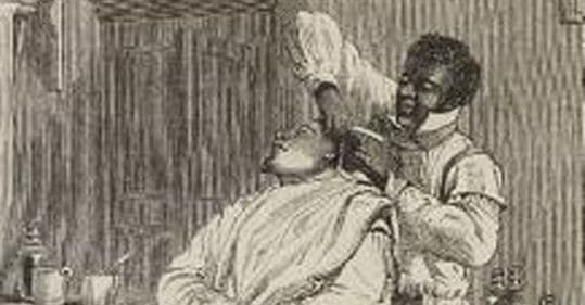 An engraving of a man getting his hair cut by the Knights of the Razor.