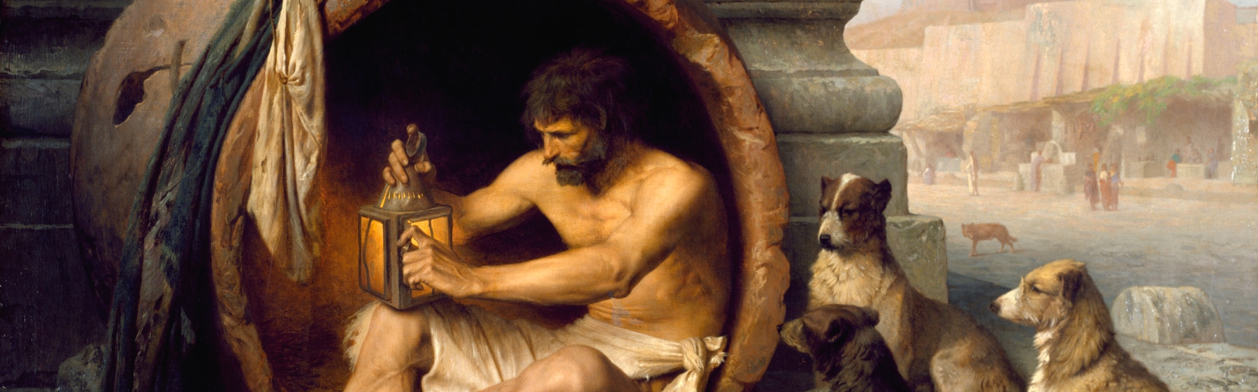A painting of a man in a barrel, embodying self-reliance.