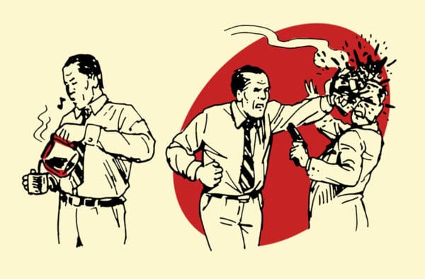 A cartoon of a man and a woman fighting over a cup of coffee using improvised weapons.
