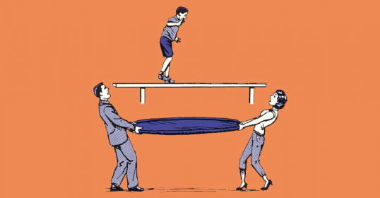 A cartoon of a man lifting a woman on a platform, showcasing origins.