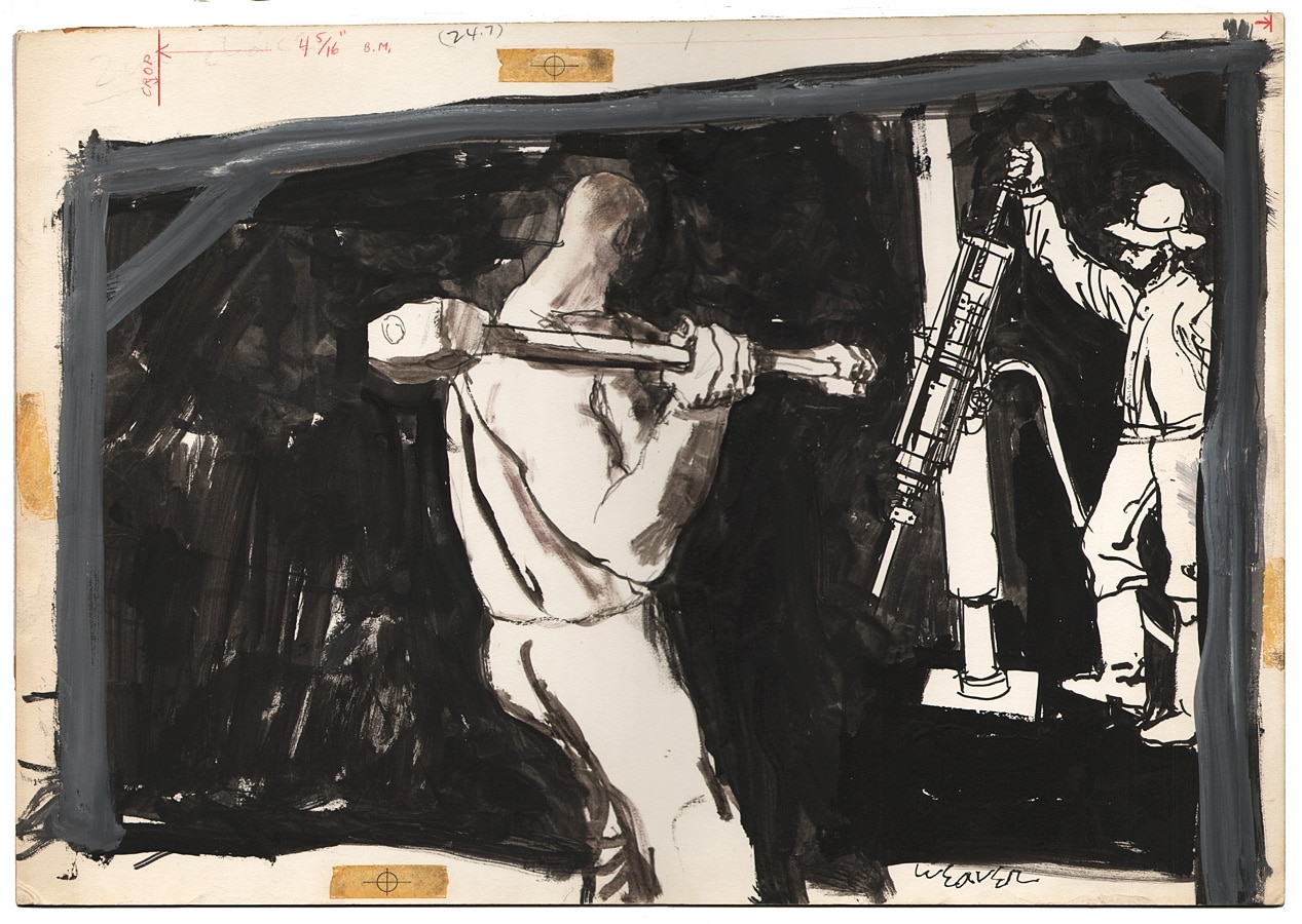 A tragic black and white drawing of a man with a hammer.