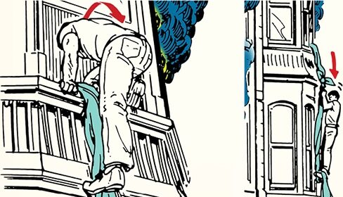 Illustration showing a man using bedsheets to climb out of a window onto a ledge, with another person inside pointing at him.