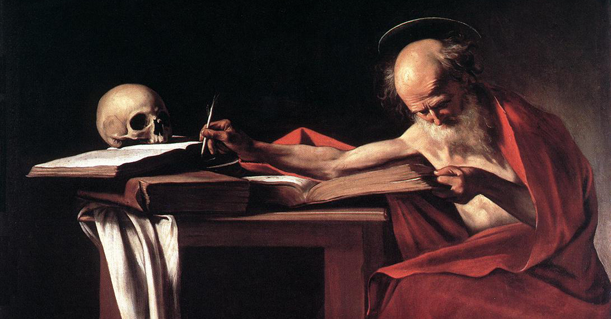A painting of an old man writing at a table with a skull, embodying spiritual simplicity.