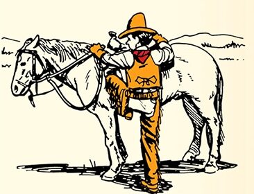 A cartoon of a cowboy in a hat displaying equestrian skills by hugging a horse, set against a simple line-drawn landscape.