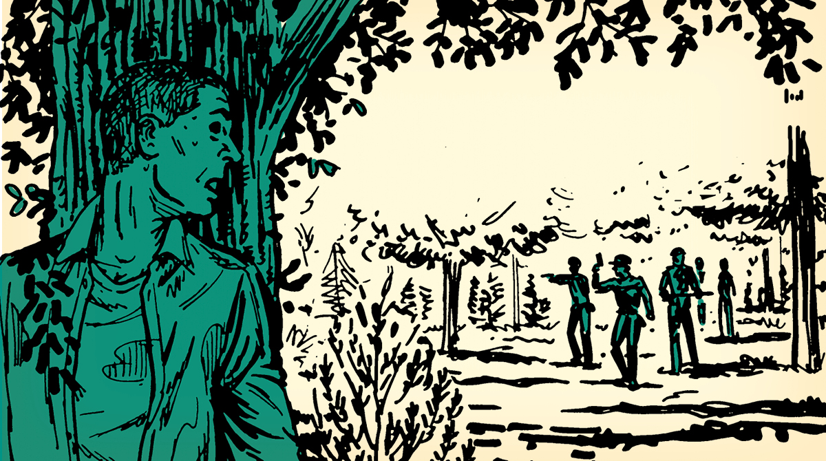 A black and white illustration of people evading in a wooded area.