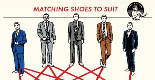 Image showing four men in different colored suits, each perfectly coordinating their outfits with matching shoes. A red suit pairs with red shoes, a gray suit with black shoes, a brown suit coordinates with brown shoes, and a blue suit matches blue shoes.
