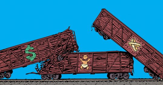A cartoon illustration of a train with a dollar sign on it, avoiding a 3-car pile-up.