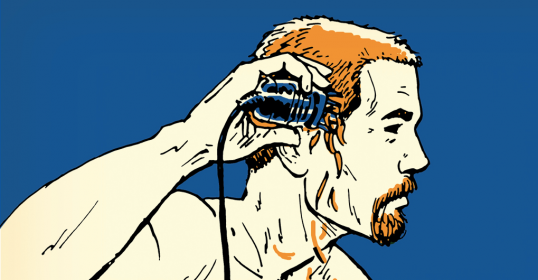 An illustration of a man giving himself a buzz cut with a hairdryer.