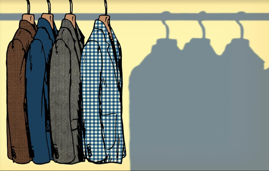 A drawing of sport coats hanging on a hanger in a well-rounded wardrobe.