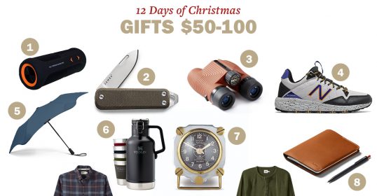 Collage of 12 gift ideas under $100 for Christmas, including an umbrella, multi-tool, binoculars, sneakers, plaid shirt, thermos, record player, clock, leather wallet, and green shirt.