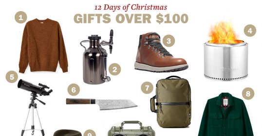 A collage of ten gifts over $100, including a sweater, growler, hiking boot, fire pit, telescope, knife, backpack, green jacket, hat, and a camera. The title reads 