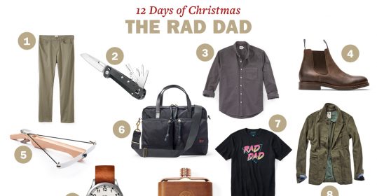 A collage of Christmas gift ideas for dads including pants, a multi-tool, shirt, boots, a slingshot, duffel bag, t-shirt, watch, jacket, flask, and headphones titled 