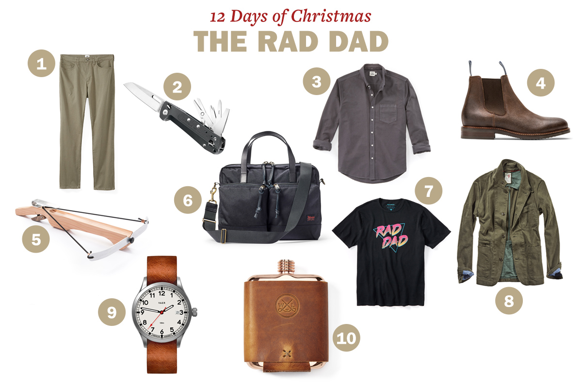 A collage of Christmas gift ideas for dads including pants, a multi-tool, shirt, boots, a slingshot, duffel bag, t-shirt, watch, jacket, flask, and headphones titled "12 Days of Christmas: The Rad Dad.