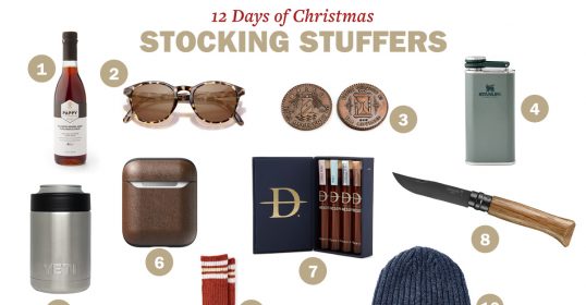 Collection of 10 Christmas stocking stuffers, including wine, sunglasses, ornaments, a flask, a tumbler, an AirPods case, cigars, a knife, socks, and a beanie.