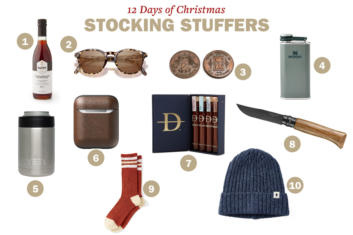 Collection of 10 Christmas stocking stuffers, including wine, sunglasses, ornaments, a flask, a tumbler, an AirPods case, cigars, a knife, socks, and a beanie.