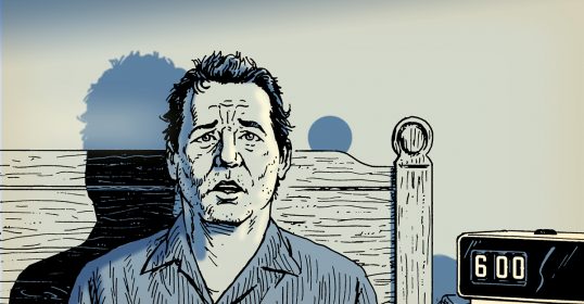 An illustration of a man standing in front of a clock, feeling a sense of horror.